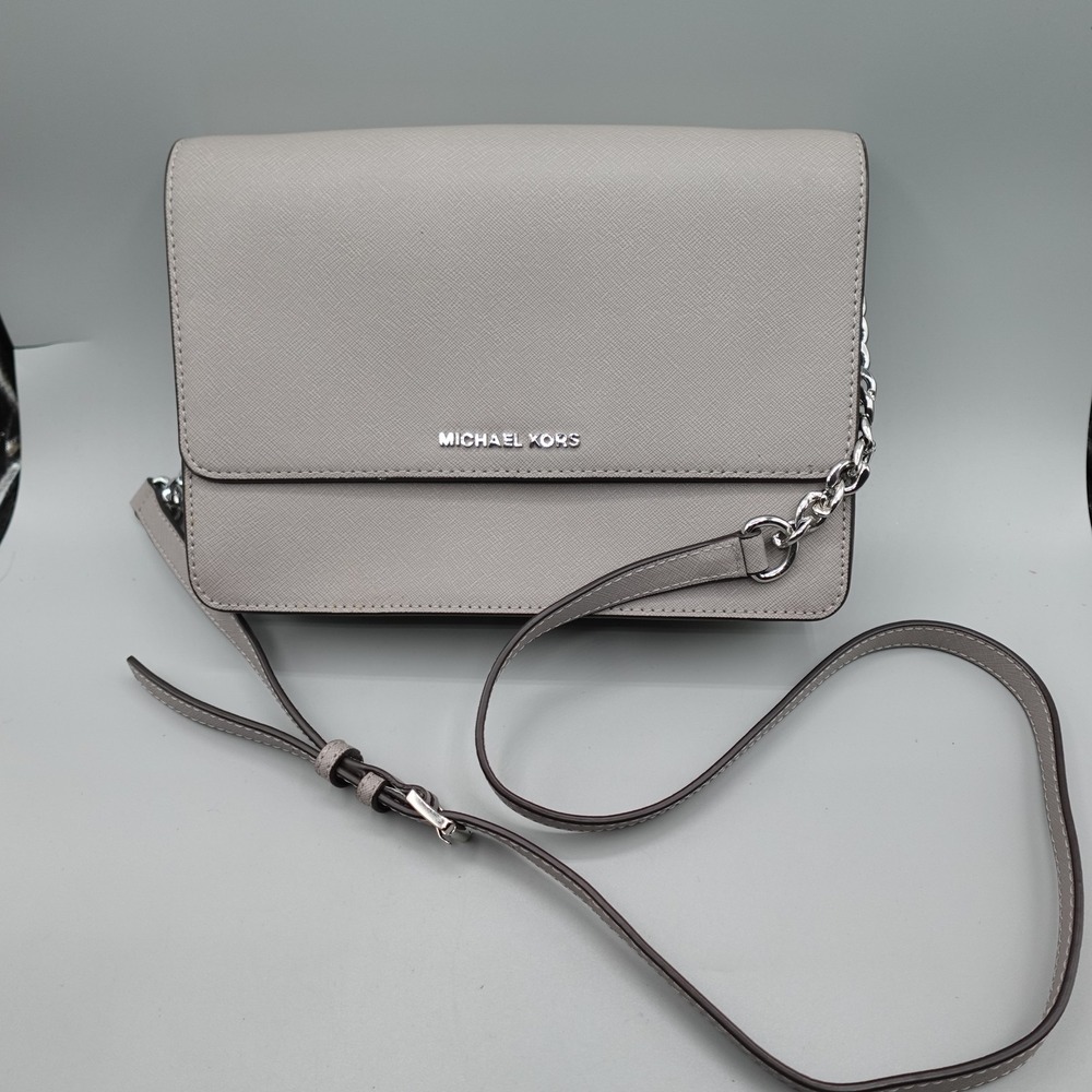 Michael Kors Crossbody Bag Womens Gray Saffiano Leather Chain Strap Purse